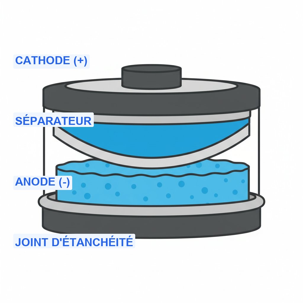 Correspondance pile bouton - anatomie et coupe d'une pile bouton