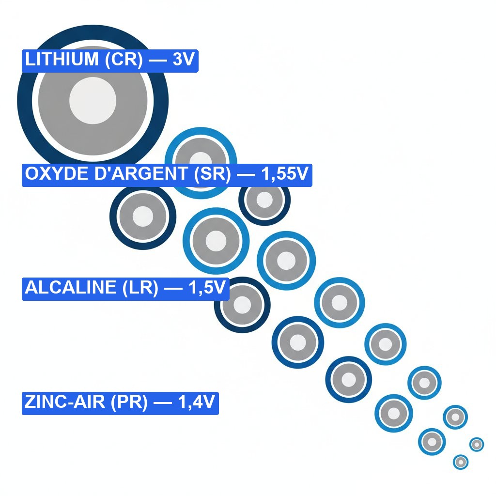 Correspondance pile bouton - les 4 familles CR SR LR PR