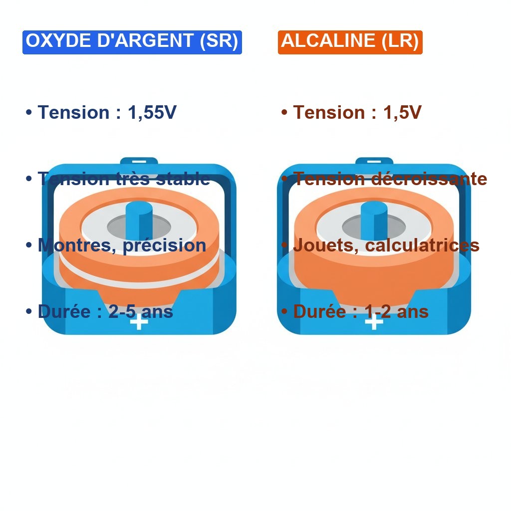 Correspondance pile bouton - comparaison SR oxyde d'argent vs LR alcaline
