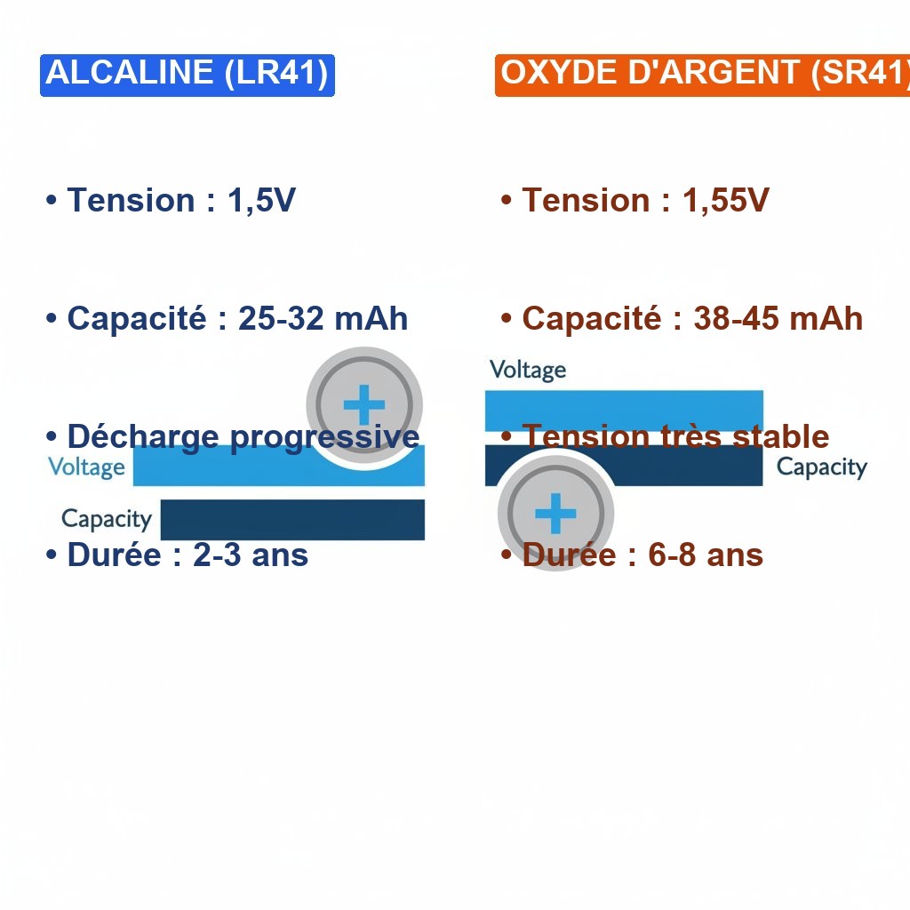 Équivalence pile LR41 - comparaison alcaline vs oxyde argent