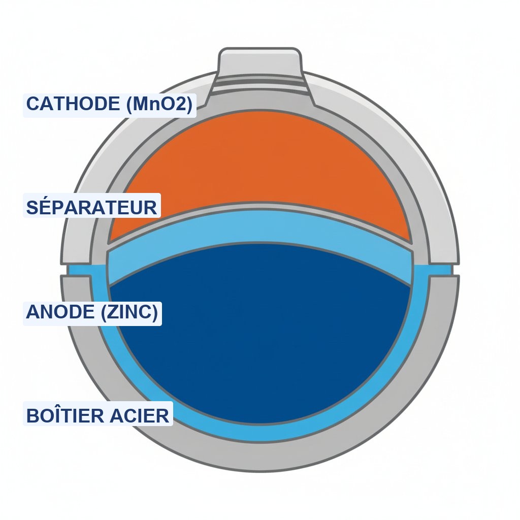 Équivalence pile LR41 - coupe anatomique pile bouton alcaline