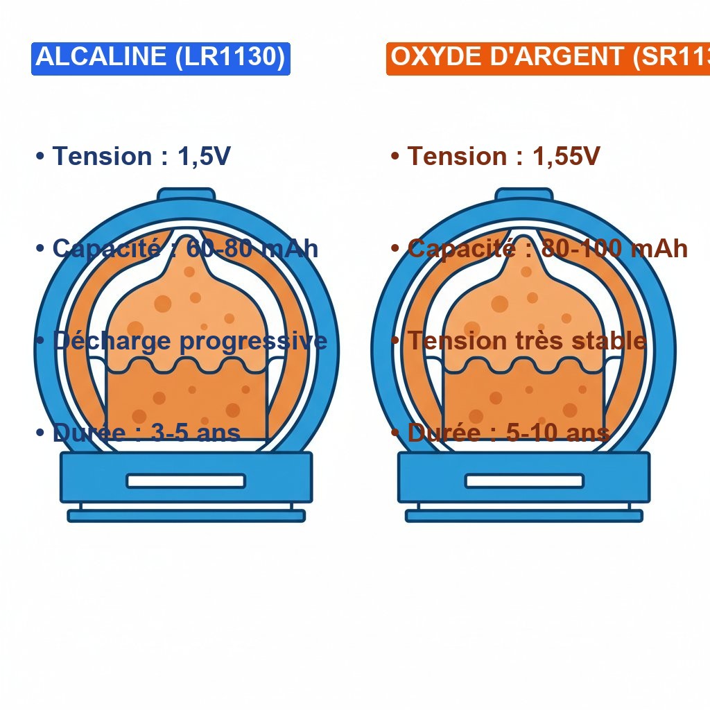 Équivalence pile LR1130 - comparaison alcaline vs oxyde d'argent SR1130