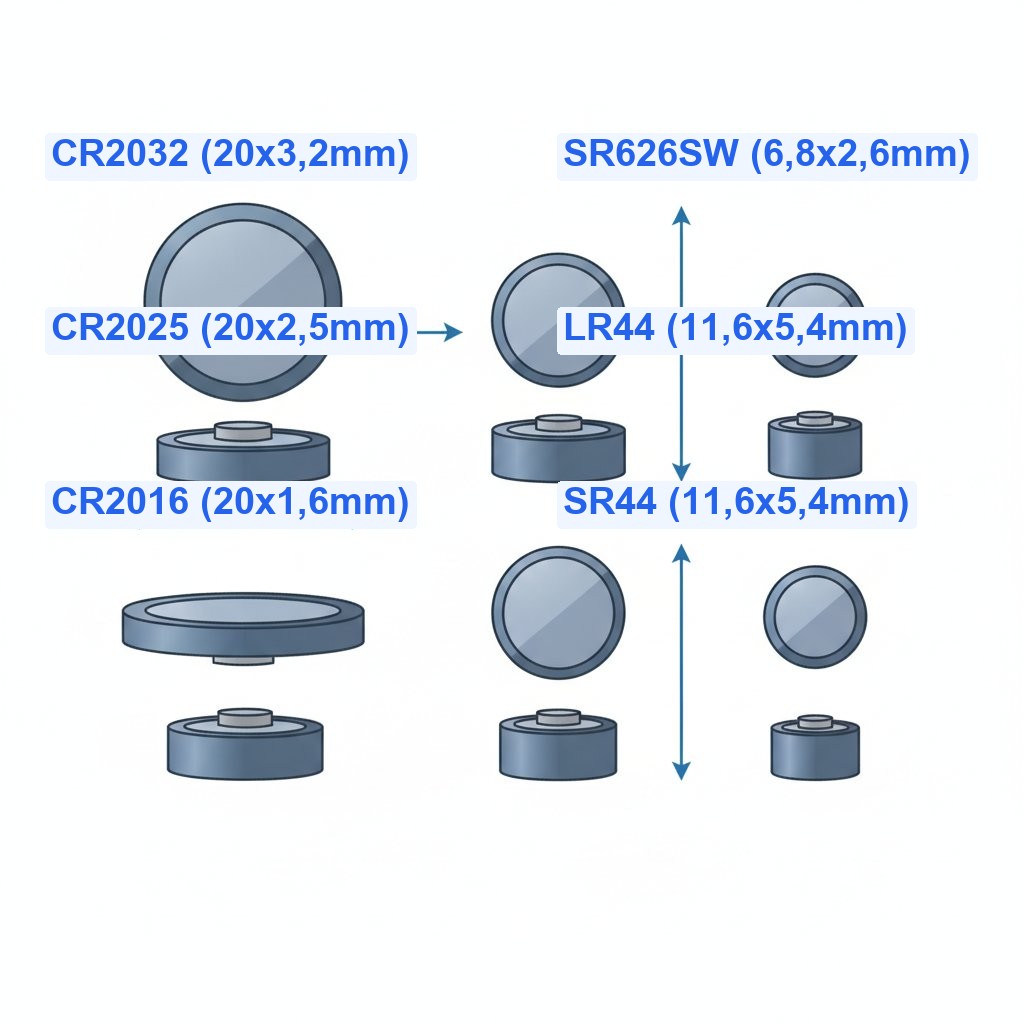 Tableau equivalence pile bouton - comparaison des tailles CR2032 CR2025 LR44 SR626SW