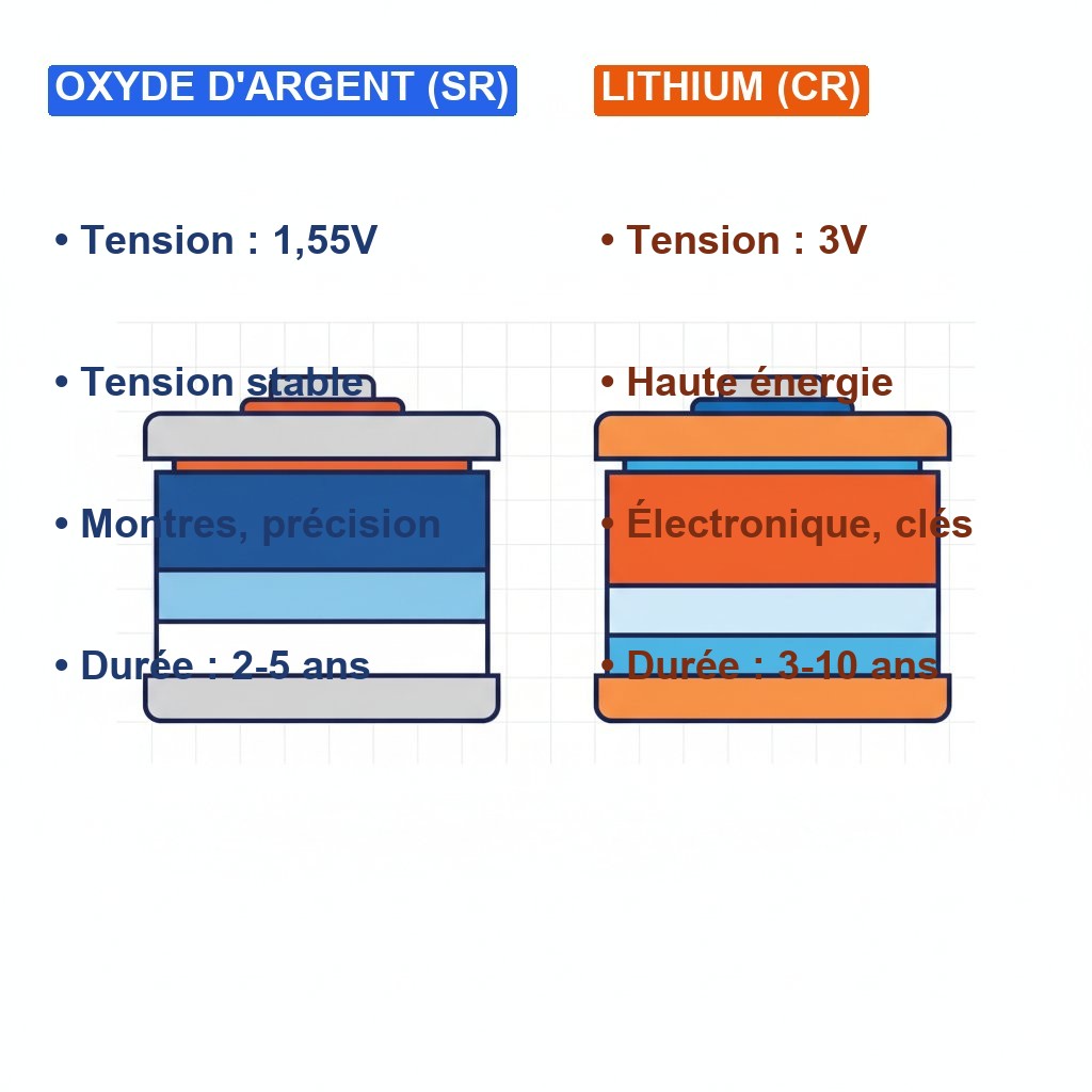 Tableau equivalence pile bouton - comparaison oxyde argent vs lithium