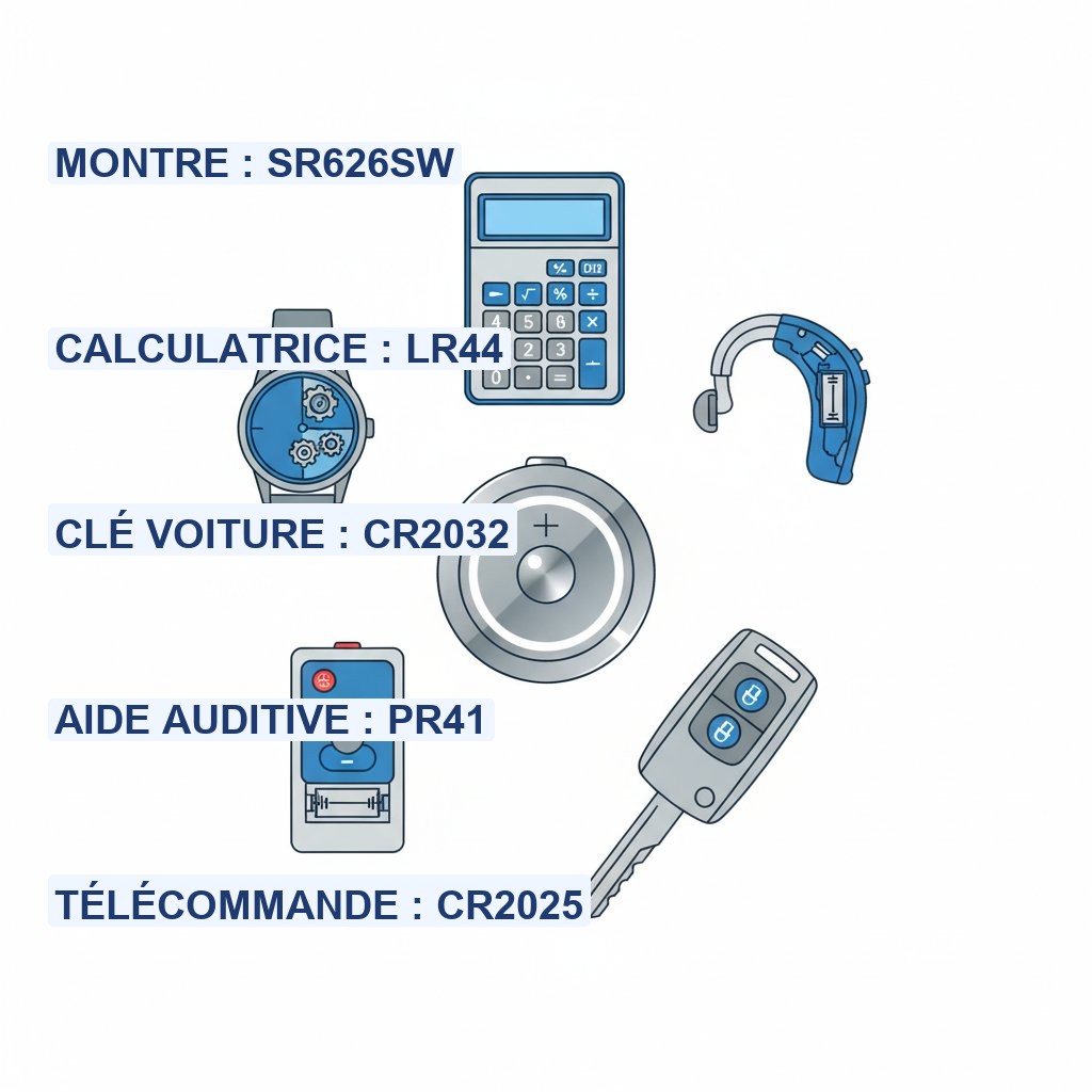 Tableau equivalence pile bouton - appareils courants montre cle voiture calculatrice