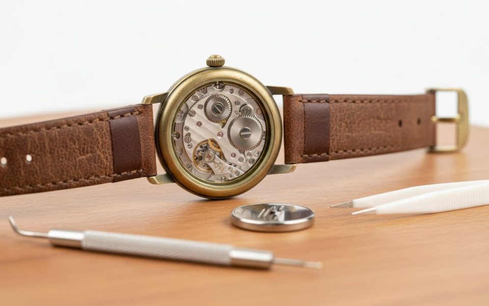 Changer pile montre Fossil - montre Fossil ouverte avec pile bouton et outils