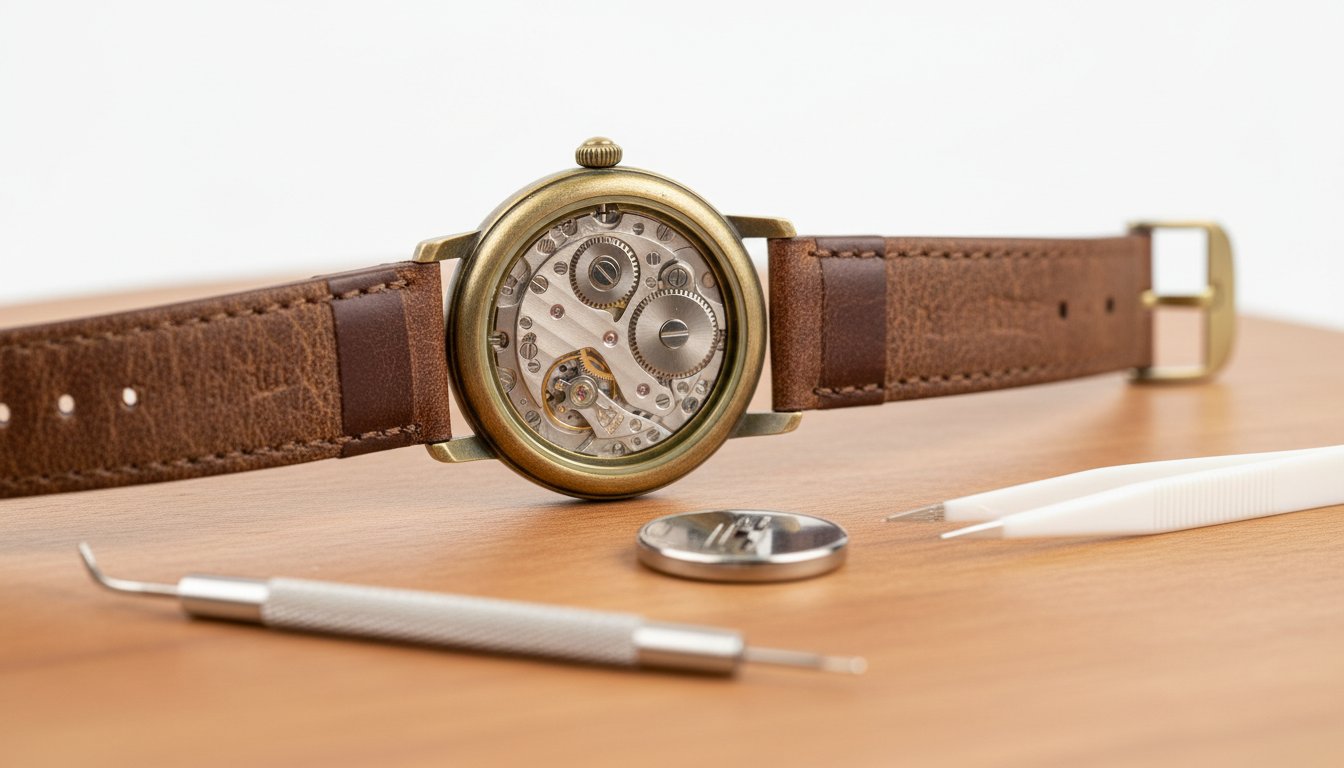 Changer pile montre Fossil - montre Fossil ouverte avec pile bouton et outils