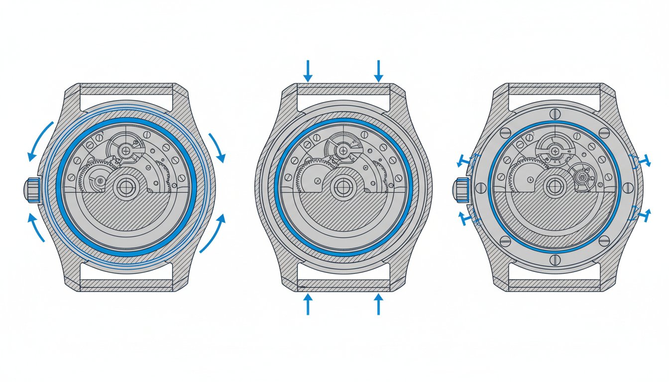 Changer pile montre - schema des trois types de fonds de boitier