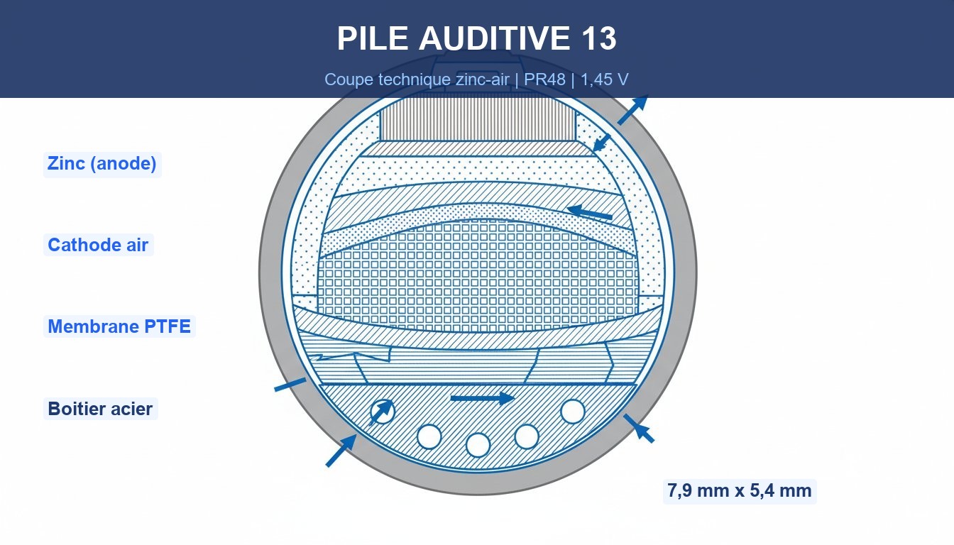 Pile auditive 13 - coupe technique zinc-air PR48 montrant les couches internes