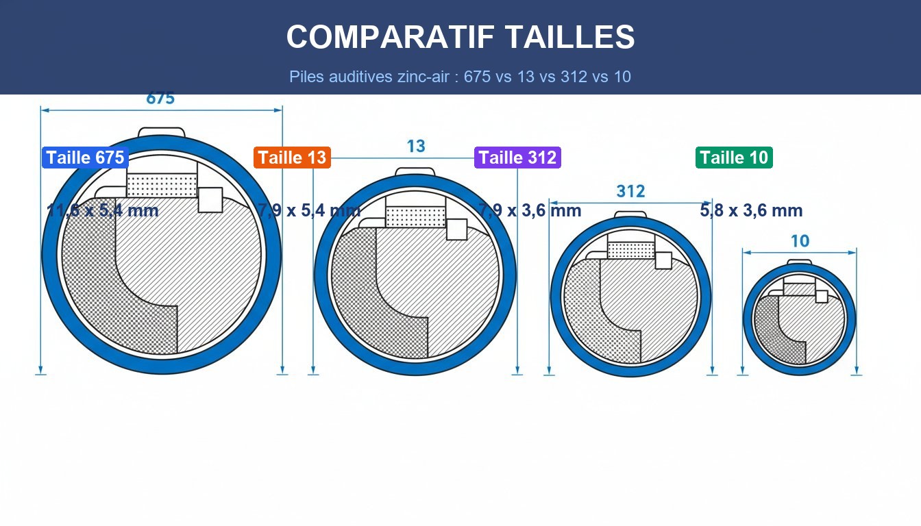 Pile auditive comparatif tailles 675 13 312 10 dimensions