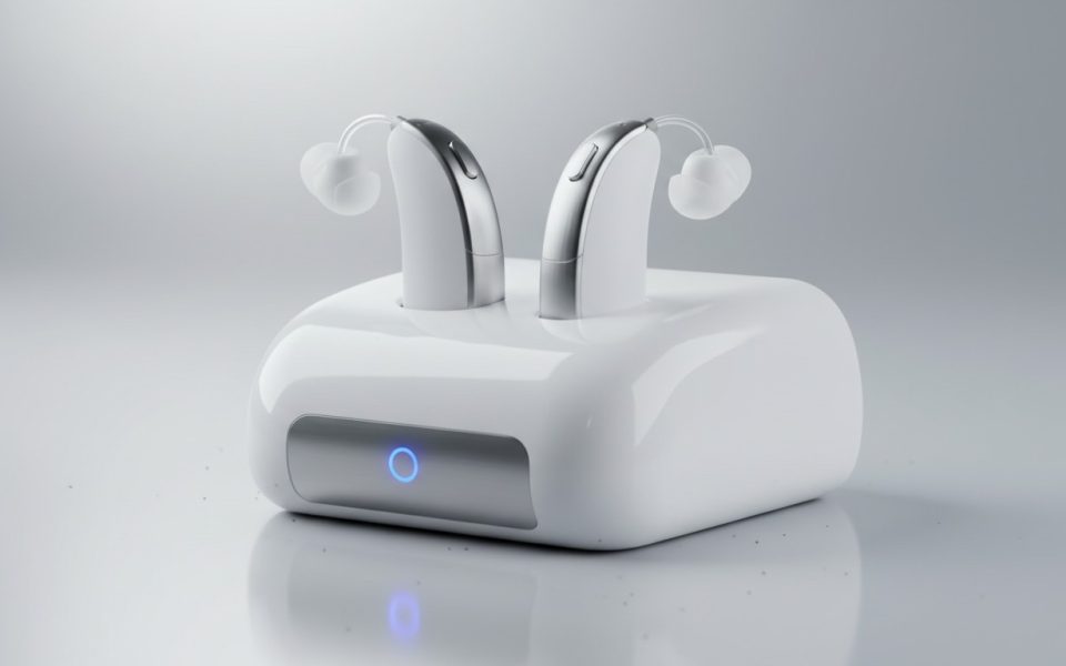 Pile auditive rechargeable - appareils auditifs sur leur chargeur