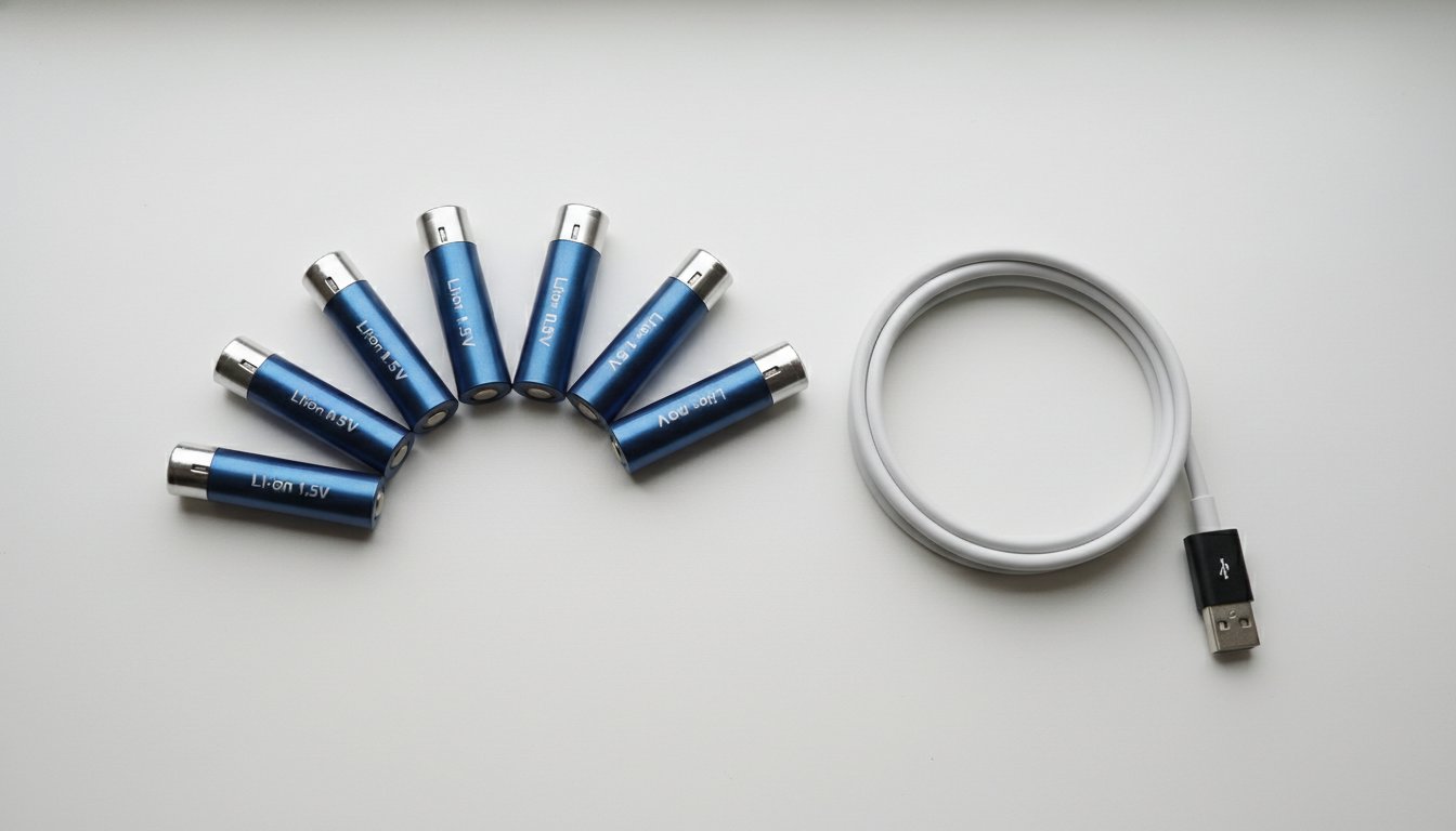 Pile lithium rechargeable AA en charge sur chargeur USB