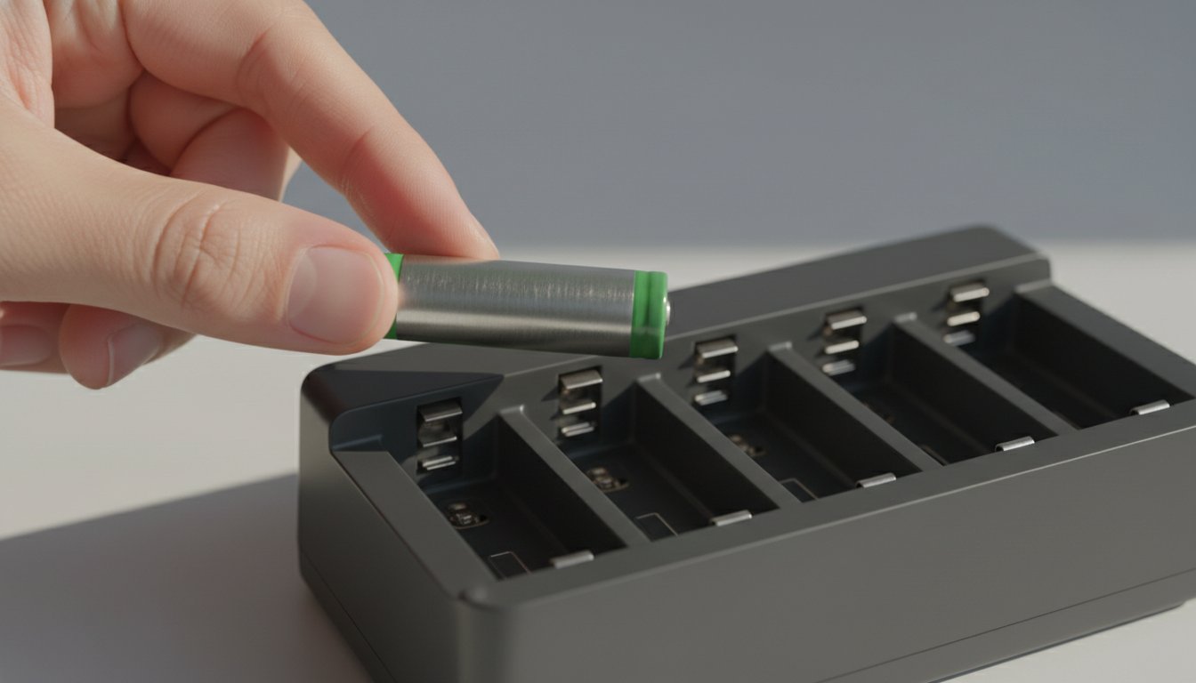 Pile rechargeable avec chargeur - insertion d'une pile NiMH dans un chargeur