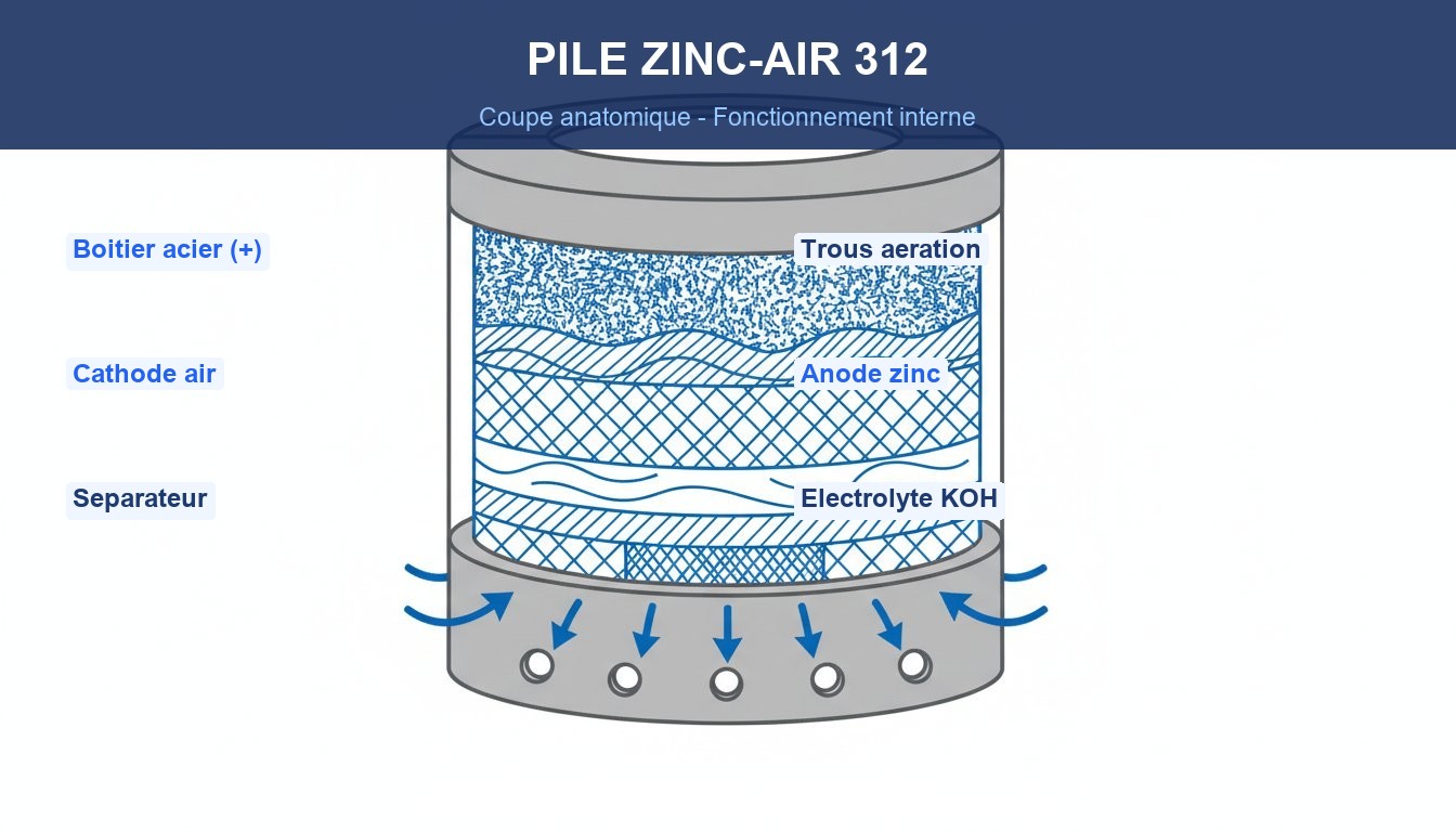 Durée pile auditive 312 - coupe anatomique pile zinc-air