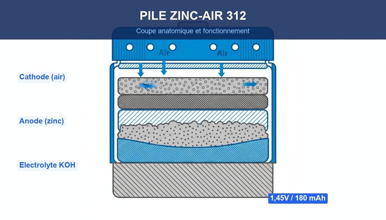 Pile auditive 312 zinc-air - coupe anatomique et fonctionnement interne