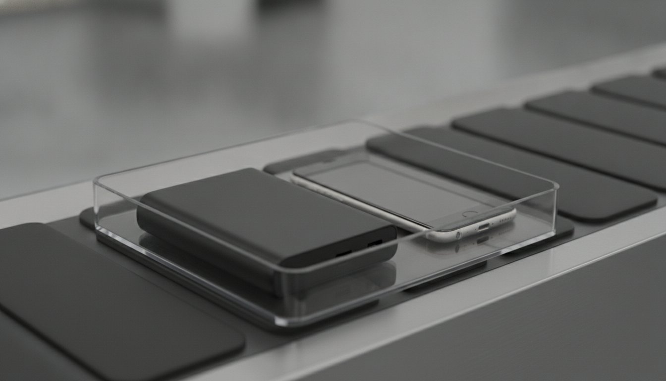 Batterie externe avion - power bank dans un bac de sécurité à l'aéroport