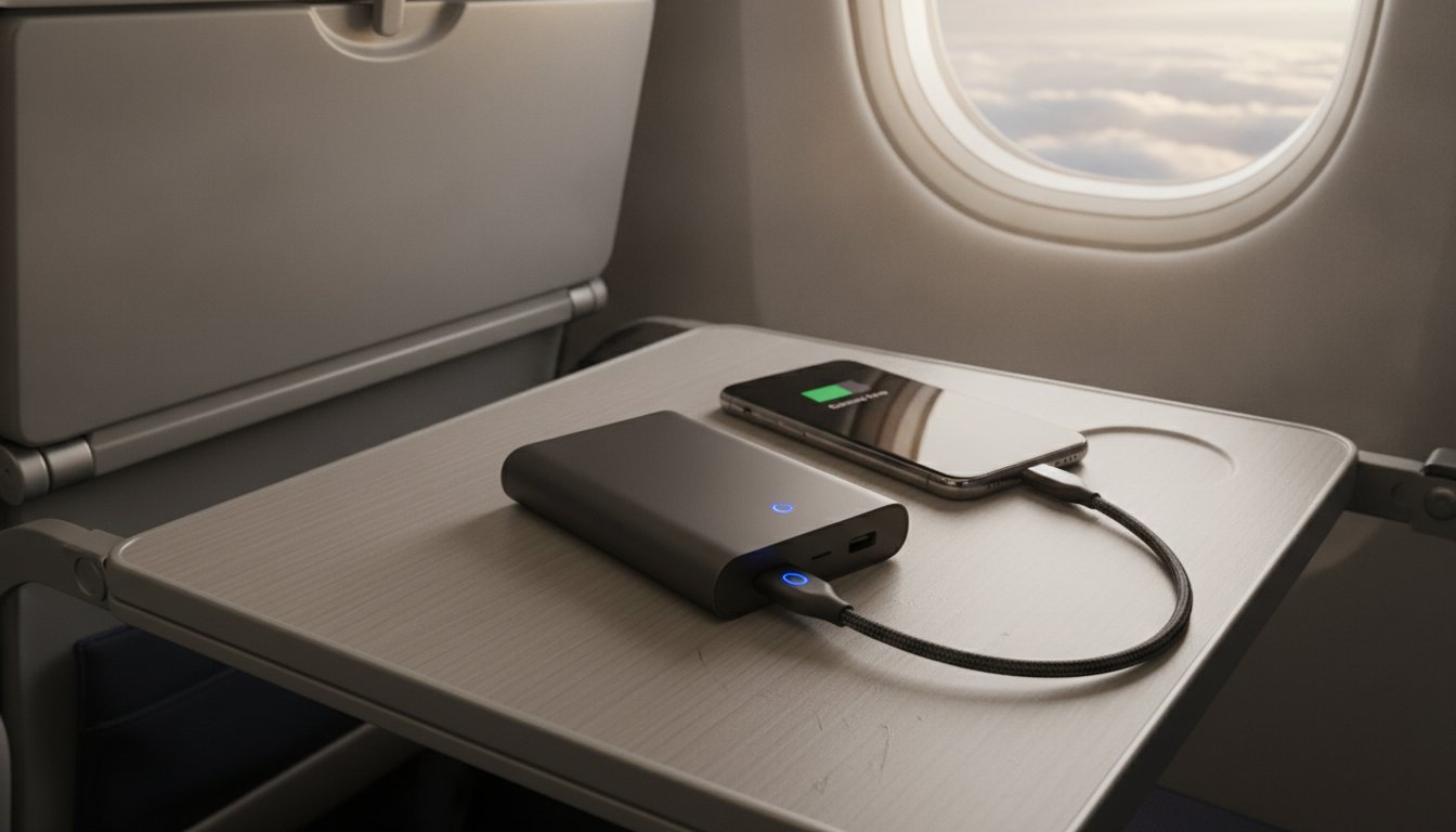 Batterie externe avion - power bank rechargeant un téléphone sur une tablette d'avion