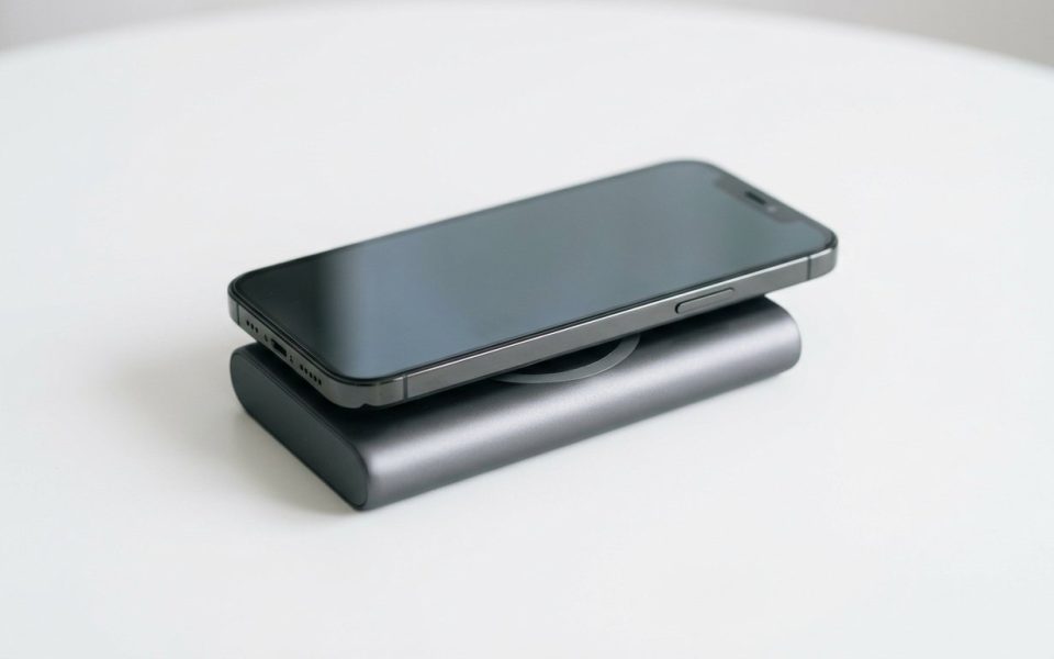 Batterie externe MagSafe aimantee a l arriere d un iPhone