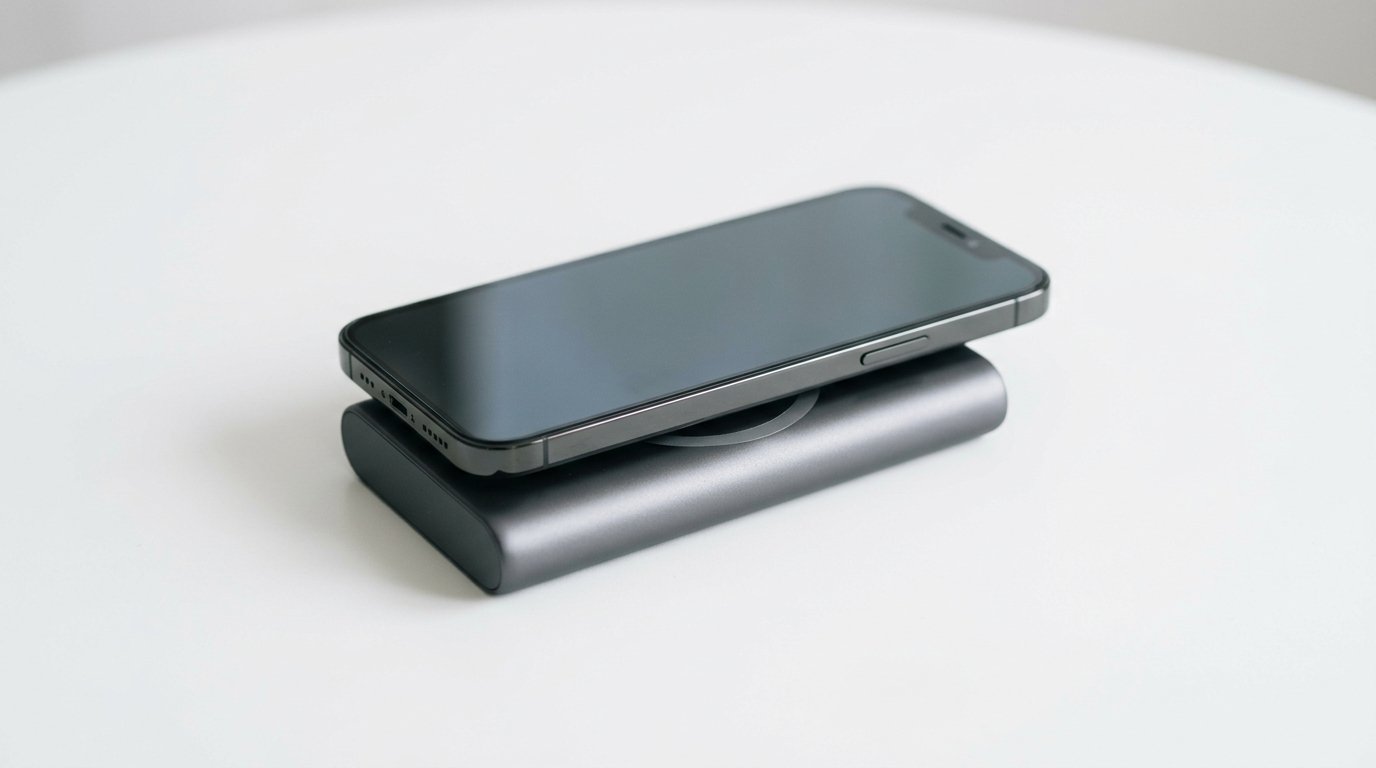 Batterie externe MagSafe aimantee a l arriere d un iPhone
