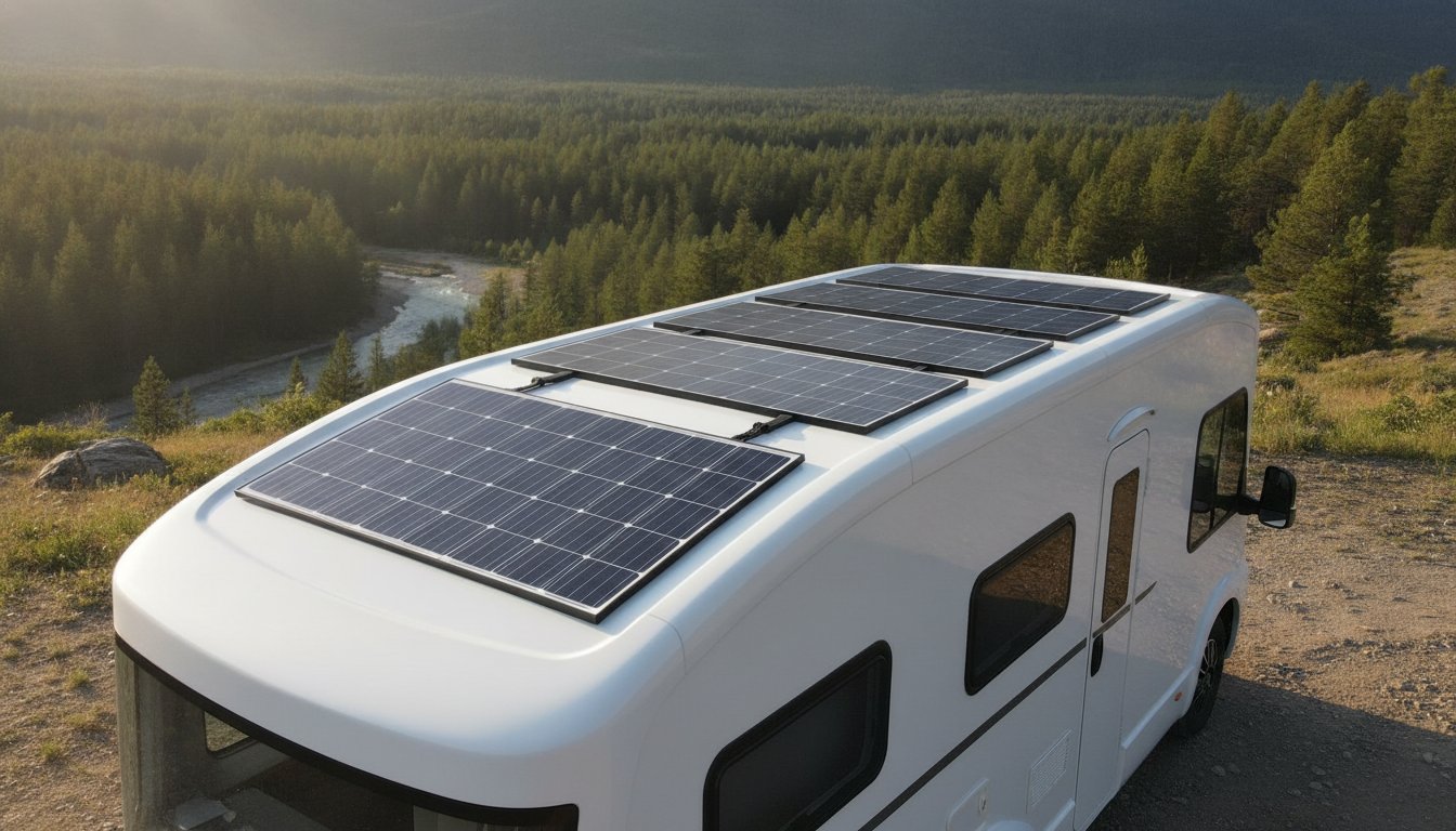 batterie solaire camping car - camping-car avec panneaux solaires sur le toit en pleine nature