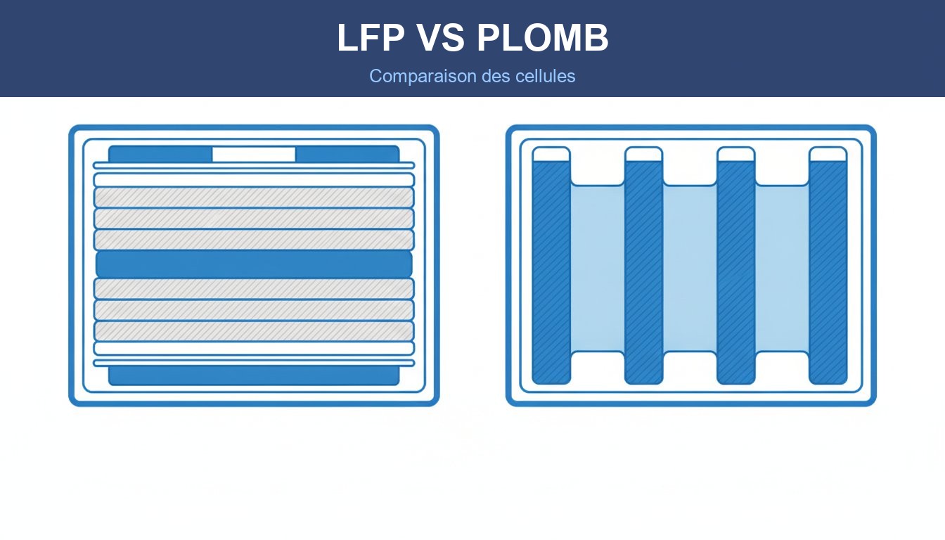Batterie solaire pour maison - comparaison coupe technique cellule LFP et plomb