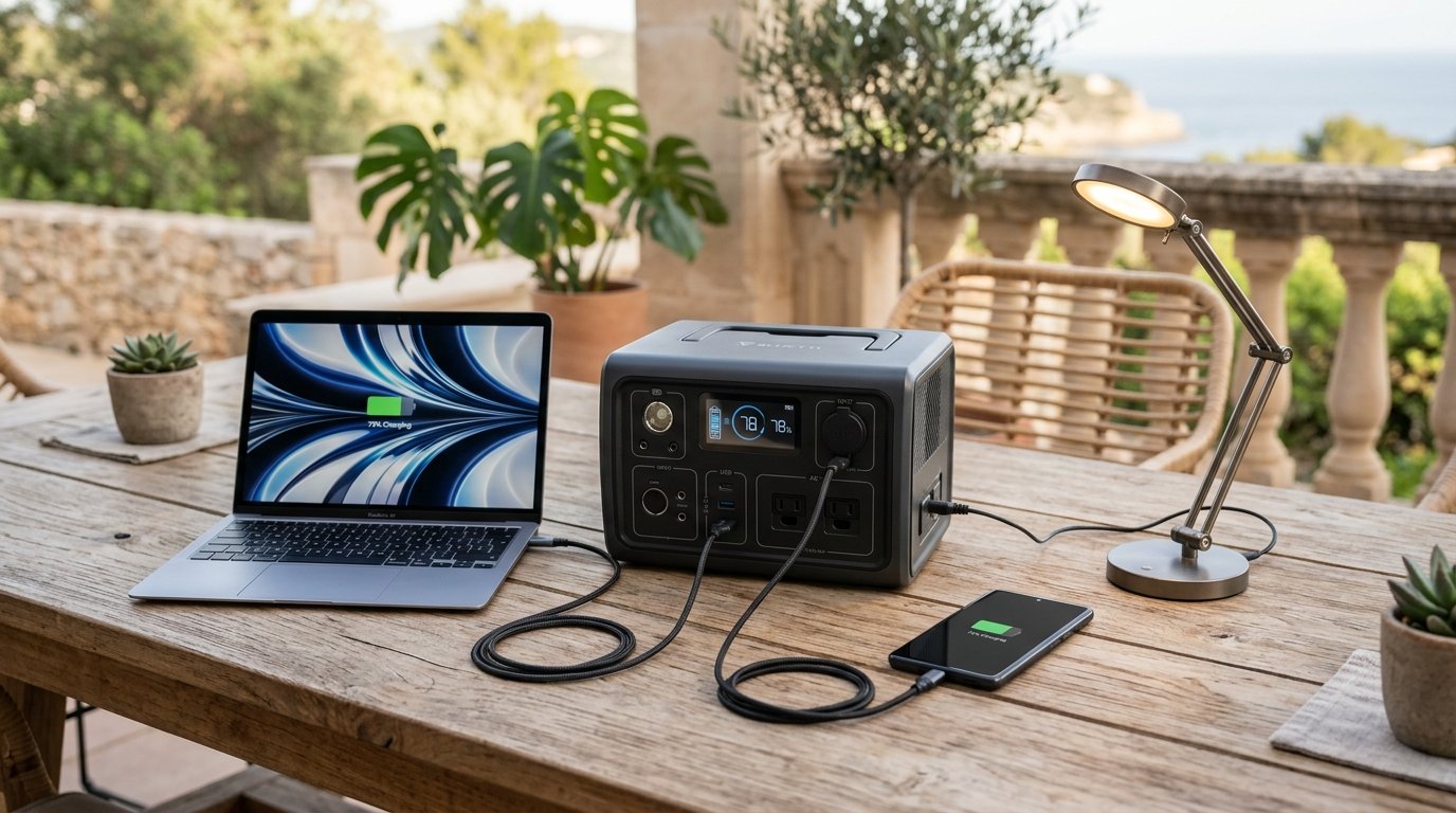 batterie solaire nomade rechargeant un smartphone et un ordinateur portable