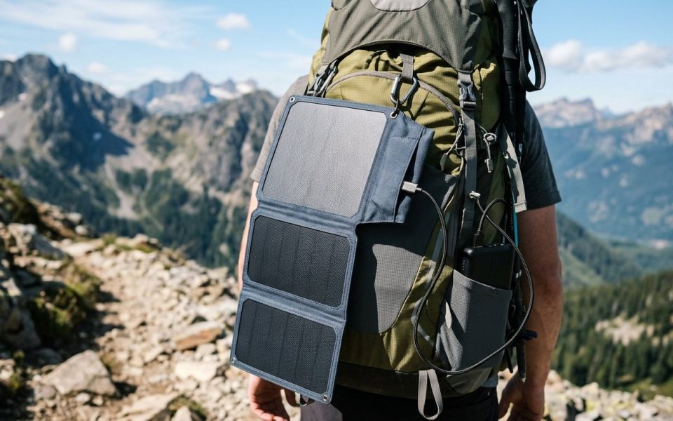 Batterie solaire rando - panneau solaire pliable fixe sur un sac de randonnee en montagne