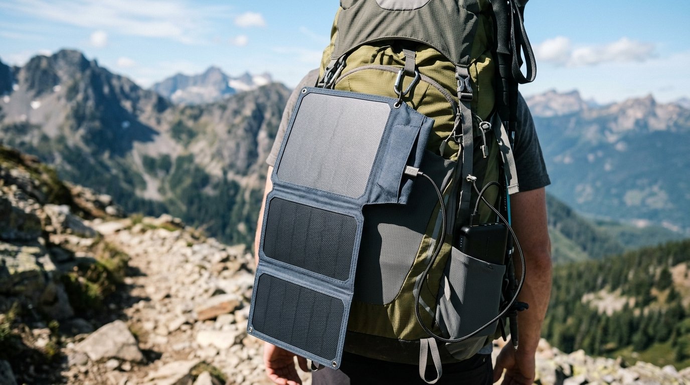 Batterie solaire rando - panneau solaire pliable fixe sur un sac de randonnee en montagne