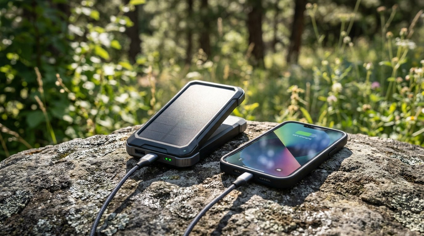 Batterie solaire rando - power bank a panneau solaire integre rechargeant un smartphone