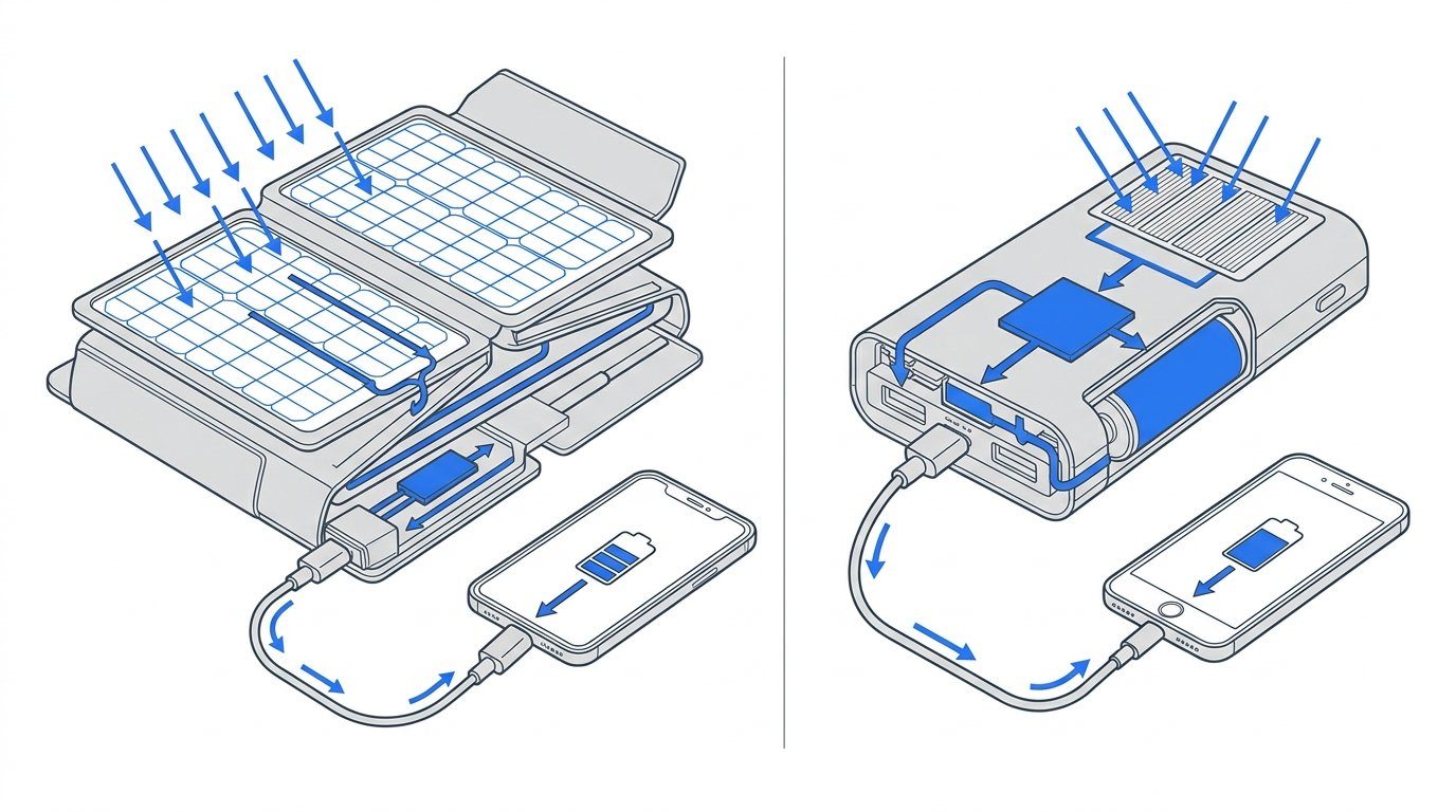 Batterie solaire rando - schema comparatif panneau pliable et batterie solaire integree
