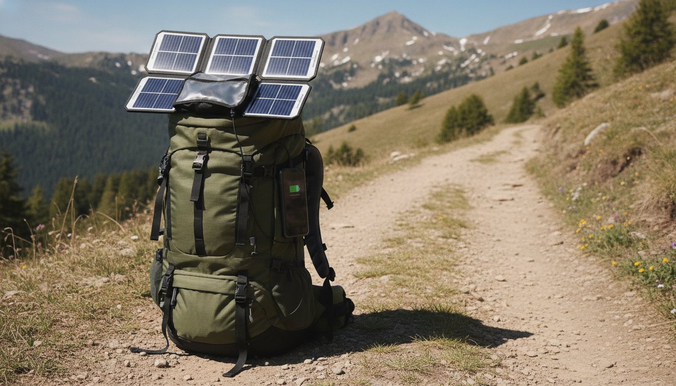 Batterie solaire telephone - panneau solaire pliable fixé sur un sac de randonnée