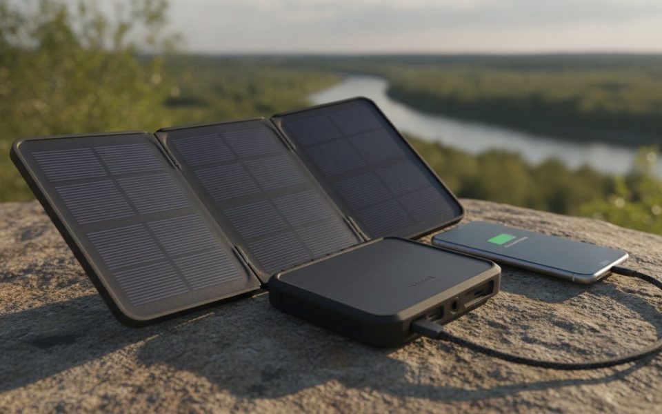 Batterie solaire telephone - power bank solaire chargeant un smartphone en exterieur