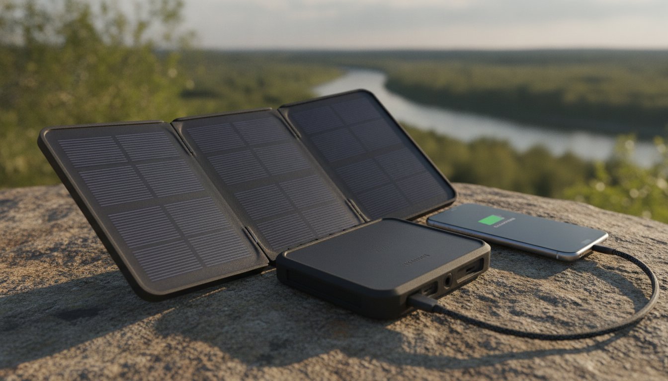 Batterie solaire telephone - power bank solaire chargeant un smartphone en extérieur