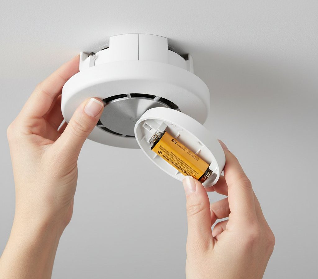 enlever pile detecteur fumee - mains retirant une pile 9V d un detecteur