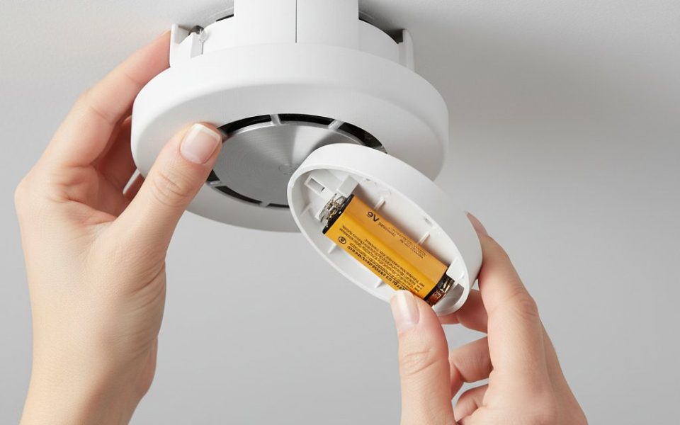 enlever pile detecteur fumee - mains retirant une pile 9V d un detecteur