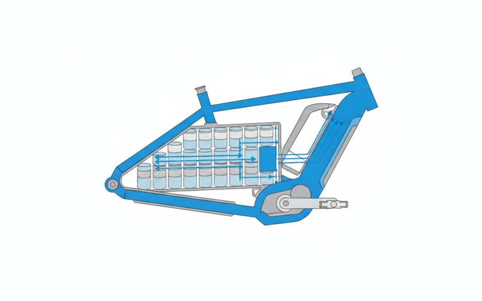 puissance batterie velo electrique - schema pack cellules lithium-ion sur cadre VAE