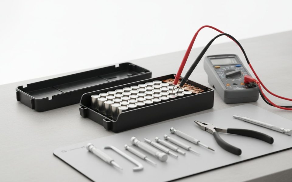 reparer batterie velo electrique - pack ouvert avec multimetre sur etabli