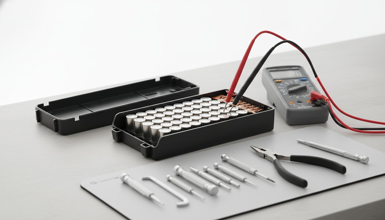 reparer batterie velo electrique - pack ouvert avec multimètre sur établi
