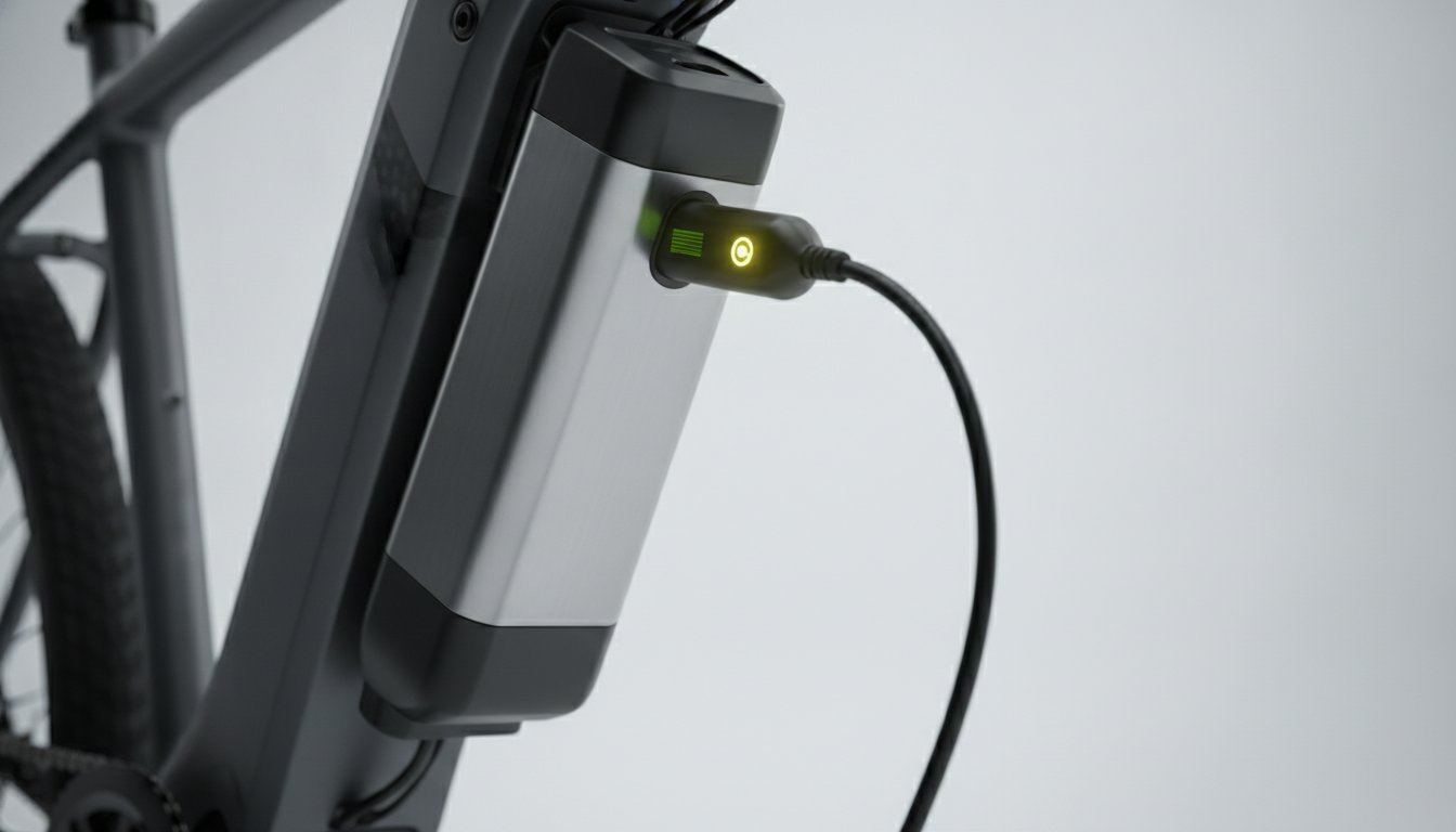 Temps de charge batterie velo electrique - batterie en charge sur le velo avec chargeur branche