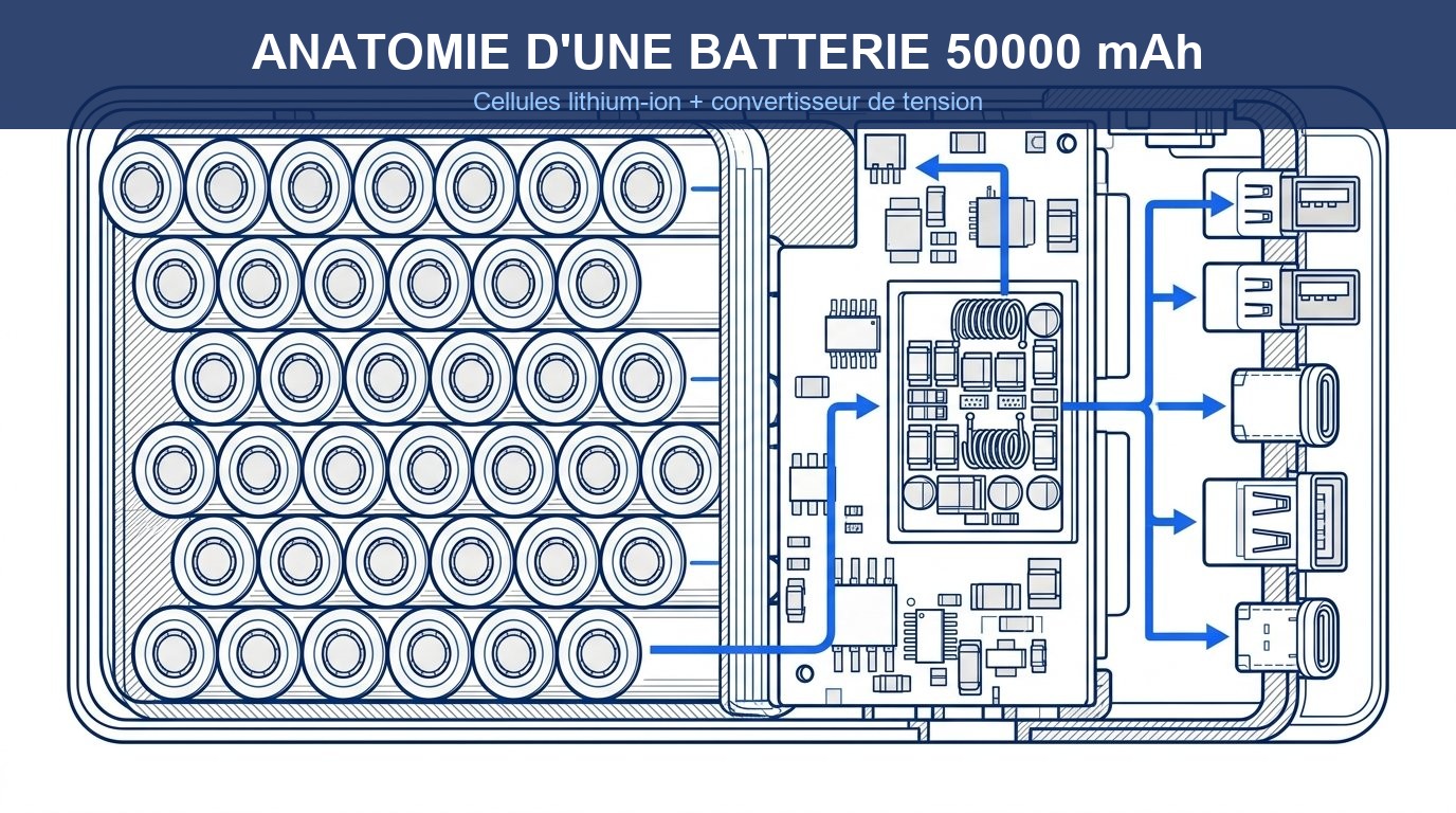 Batterie externe 50000mAh - anatomie interne cellules lithium-ion et convertisseur