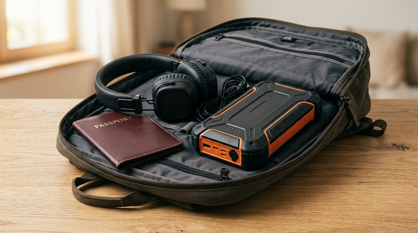 Batterie externe 50000mAh rangee dans un sac de voyage