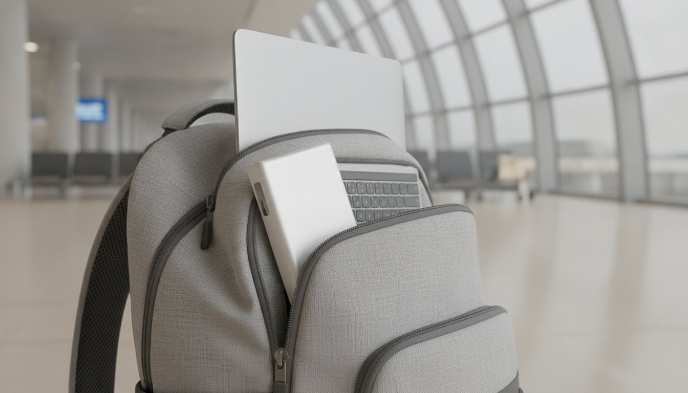 Batterie externe ordinateur portable rangée dans un sac de voyage avec un PC