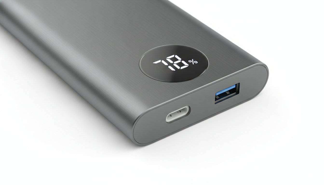 Batterie externe ordinateur portable - gros plan sur les ports USB-C, USB-A et l'écran de charge