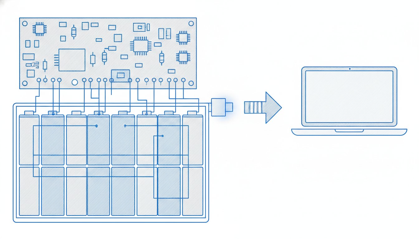 Batterie externe ordinateur portable - schéma des cellules lithium-ion et du port USB-C Power Delivery