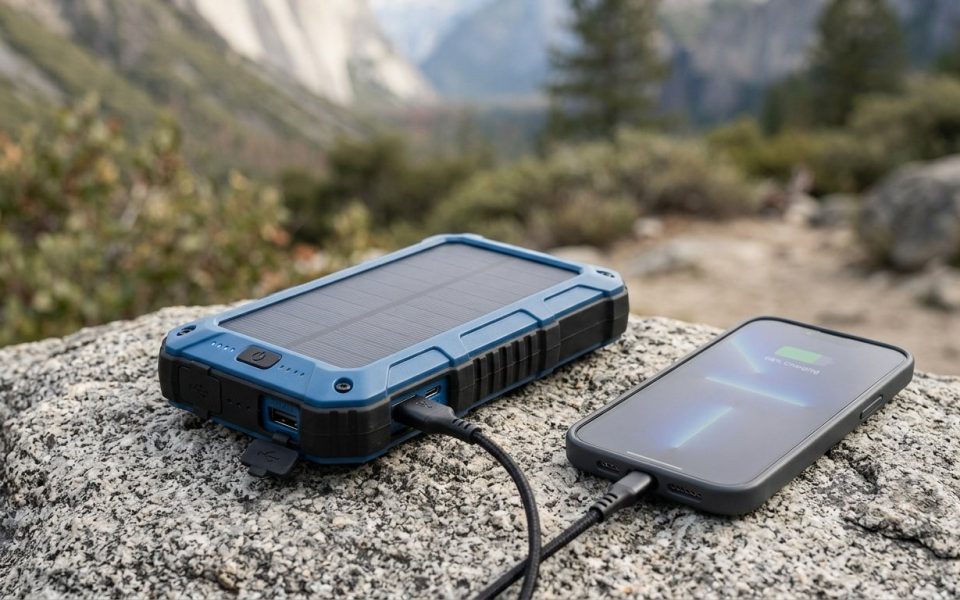 Batterie externe solaire rechargeant un smartphone en randonnee