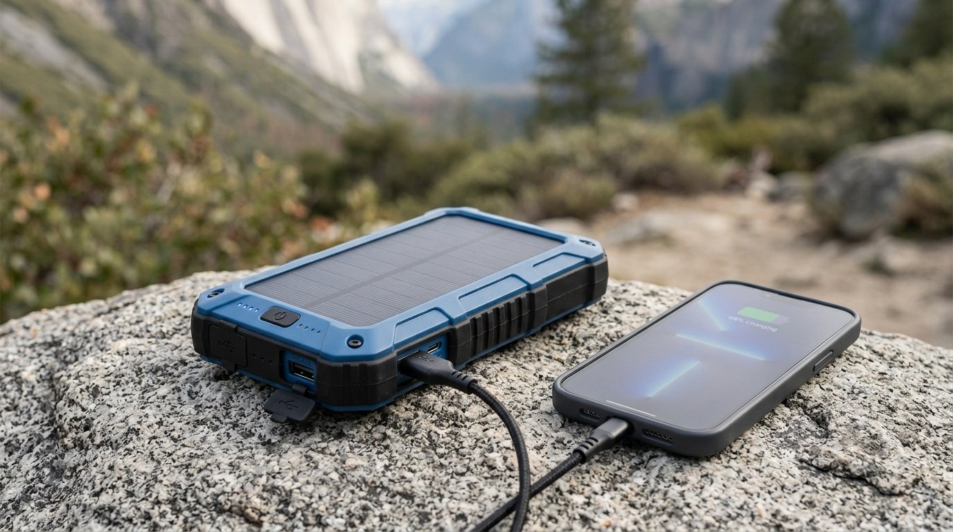 Batterie externe solaire rechargeant un smartphone en randonnee