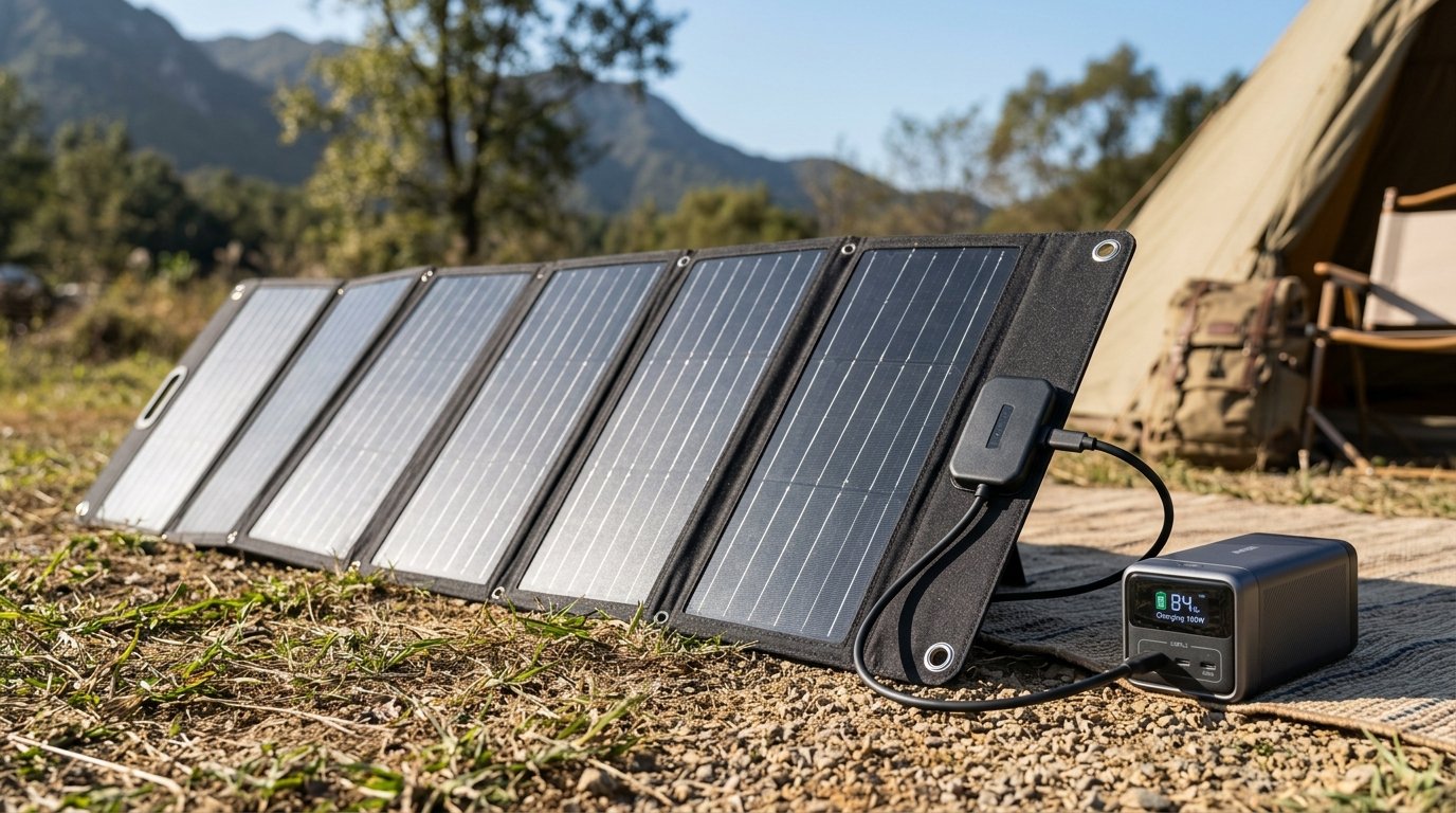 Batterie externe solaire avec panneau solaire pliable au soleil