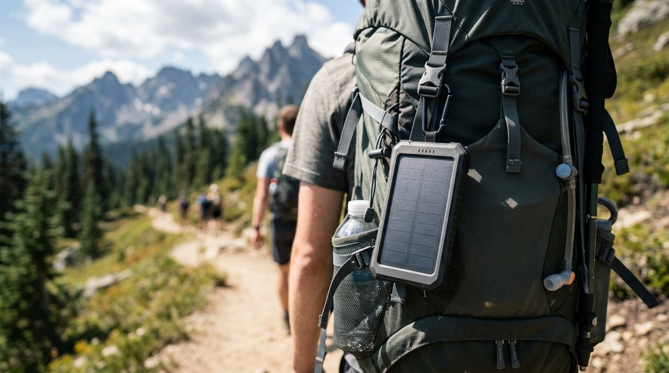 Batterie externe solaire fixee sur un sac a dos de randonnee