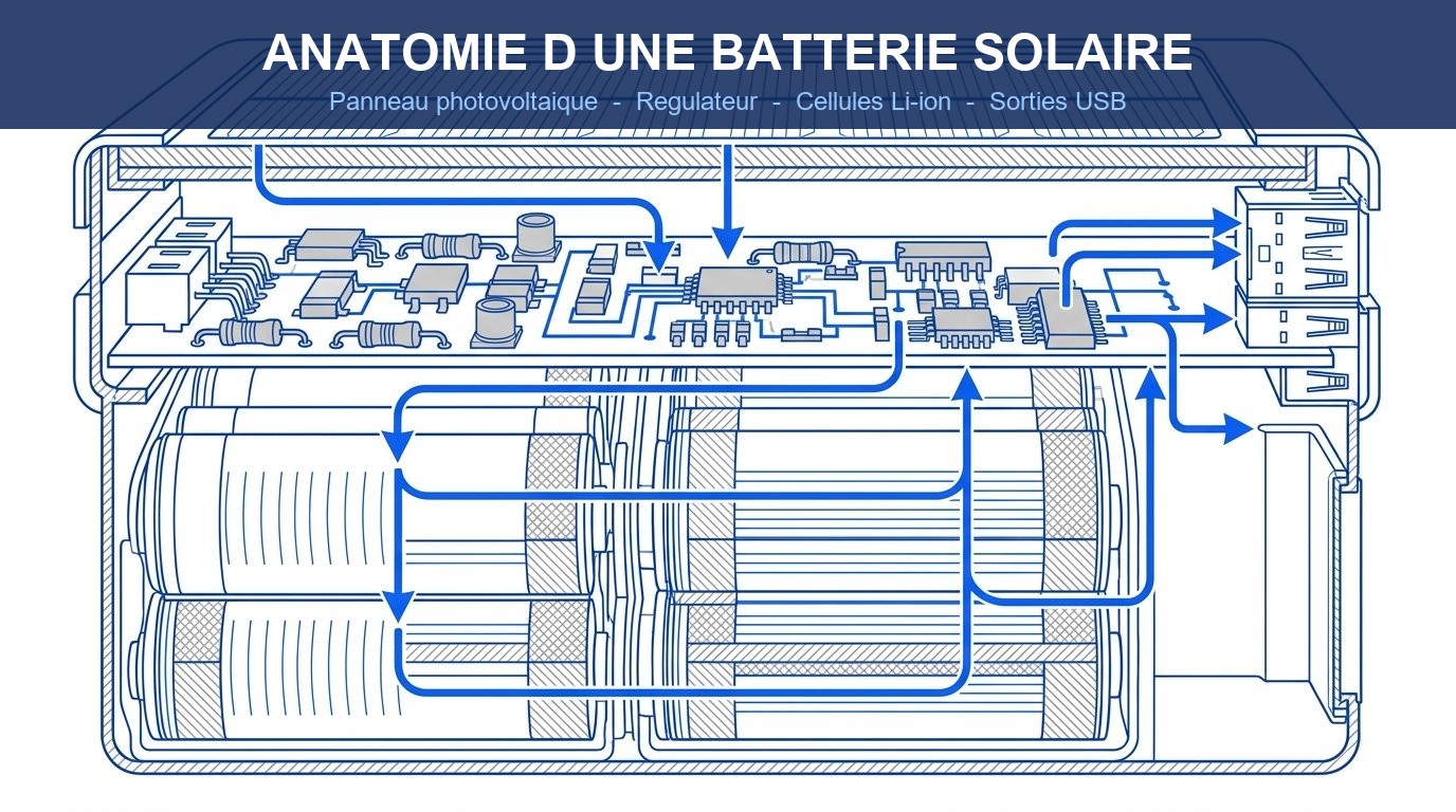 Batterie externe solaire schema anatomie panneau cellules regulateur