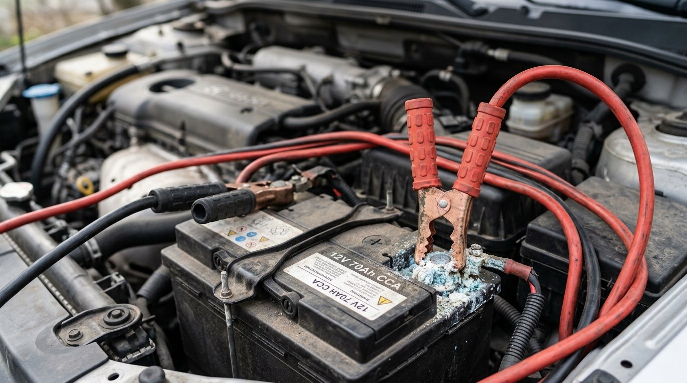 démarrer une batterie de voiture morte avec des câbles - bornes corrodées